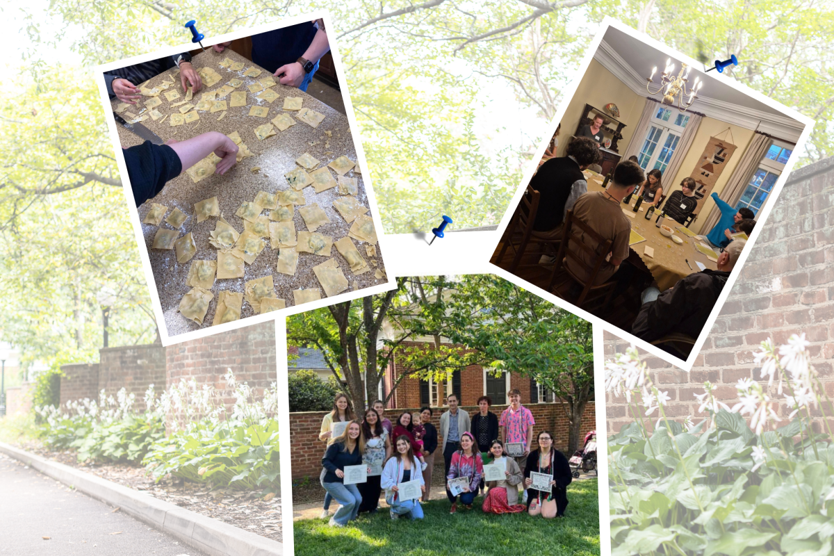 Three images capture students cooking, playing games, and taking pictures outside the classroom.